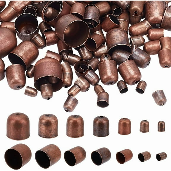 345PCS Cord End Cap 7 Sizes Necklace Jewelry End Caps Leather Ends Caps Metal Cord Ends Suede Fiber Crimps End Beads Caps for DIY Crafts Tassel Necklace Making 5-12x4-12mm Red Copper