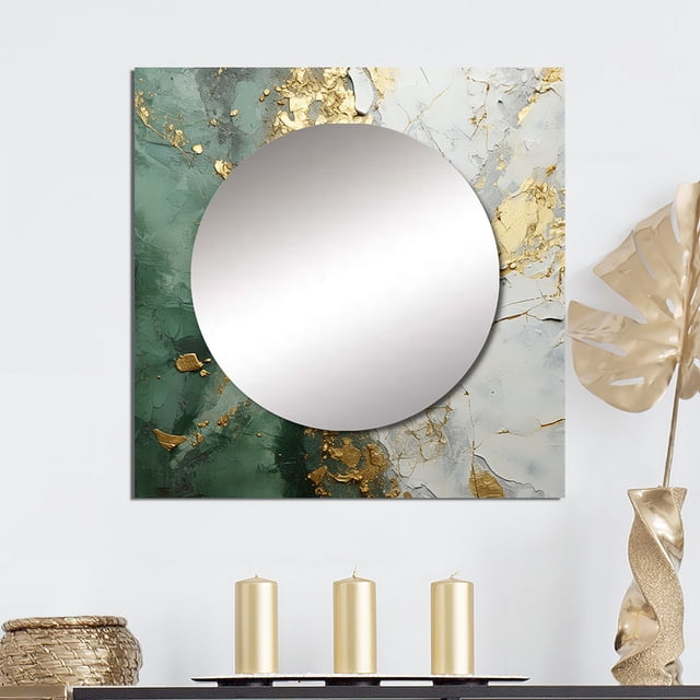 Designart "Fusion Of Gold And Green Paint" Abstract Painting Square Mirror For Wall Decor - Large Beige Square Printed Wall Mirror Art - Square Modern Mirror - Wall Mounted Square Large Mirror