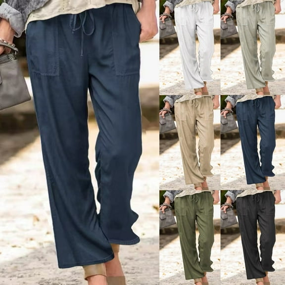 Kmdttou Women's Spring And Solid Color Elastic Waist Cotton Linen Versatile Straight Tube Casual Wide Leg Pants