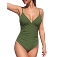 thumbnail image 2 of MOYIKO One Piece Swimsuits for Women Tummy Control Bathing Suit Ruched Sexy V Neck Green Slimming Swimwear, 2 of 7