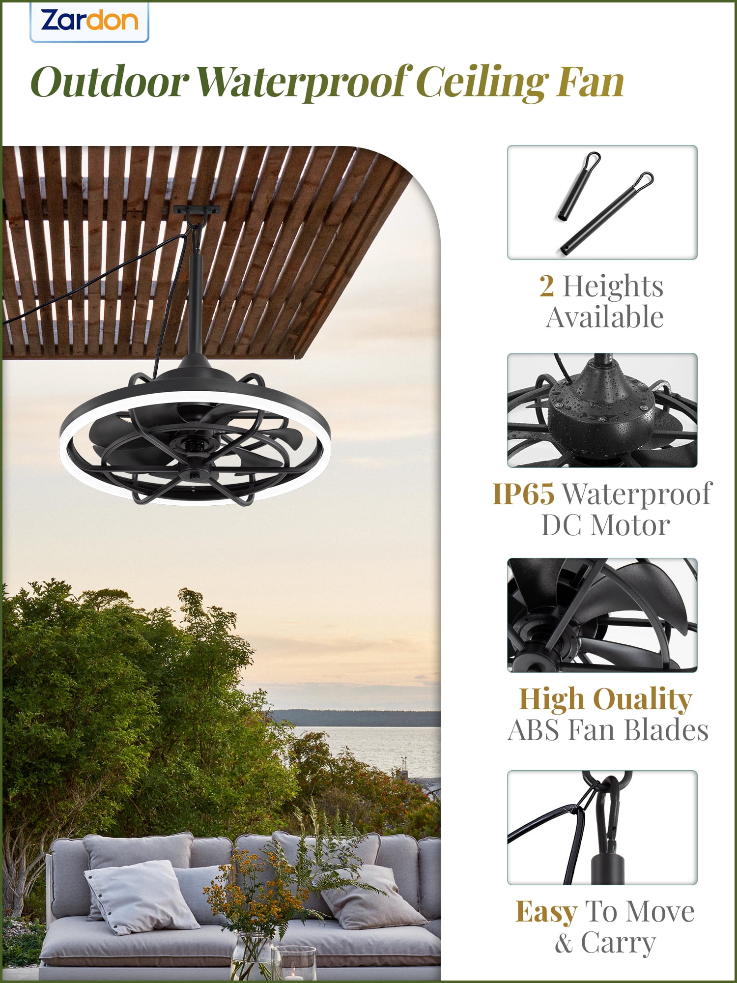 Zardon 20" Modern Outdoor Ceiling Fan with Light - Remote & App Control, 6 Speeds, 3 Color Temperatures for Patio, Entryway, Outdoor, Black