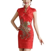 Traditional Chinese Women Wedding Cheongsam Slim Short Sleeve Qipao Size L (Red)