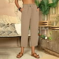 thumbnail image 2 of RYRJJ High Waist Linen Capris Pants for Women Casual Summer Wide Leg Elastic Women Cotton Capris Summer Ruffle Cropped Pants(Khaki,XL), 2 of 7