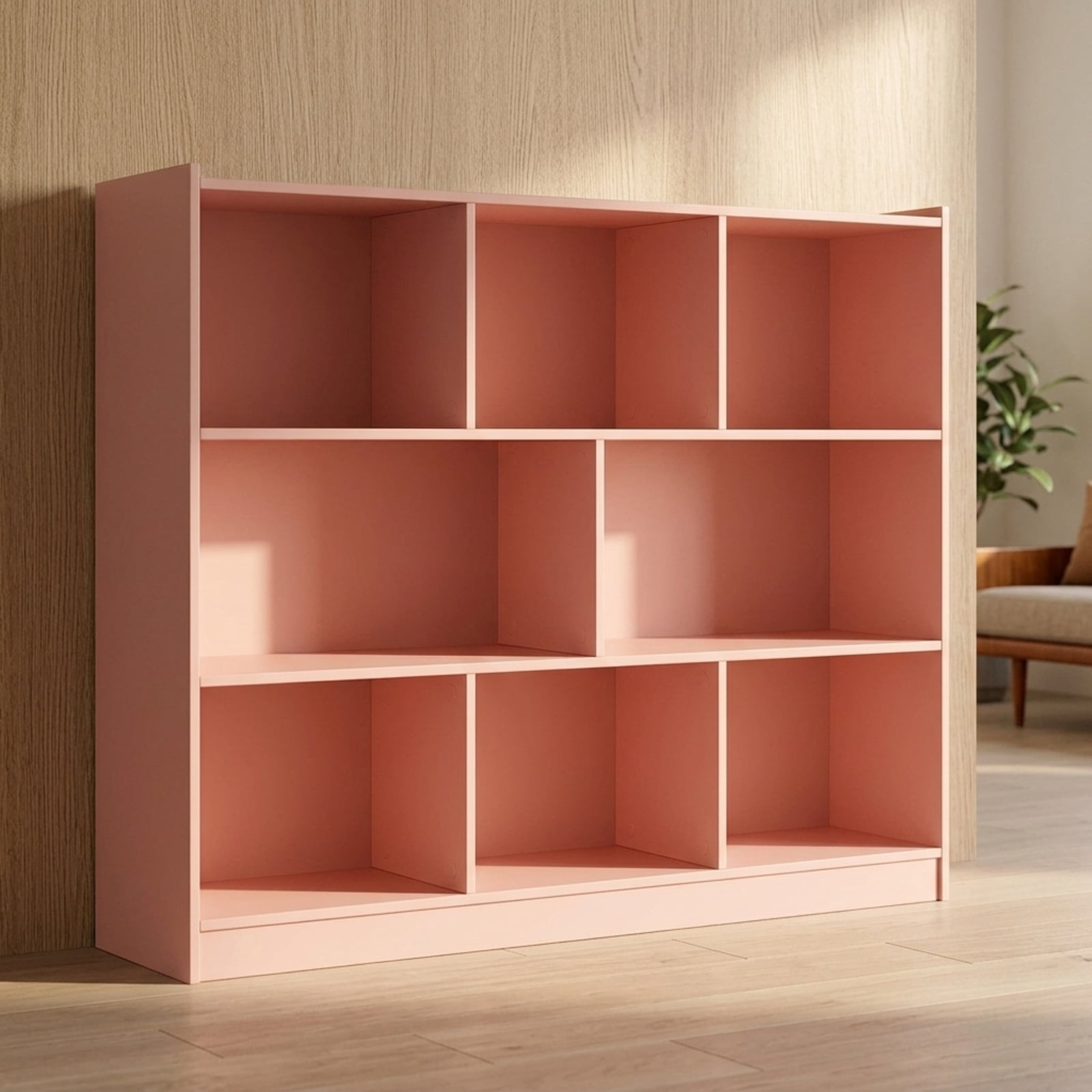 Furnibear 3-Tier Open Bookcase with 8 Cubes Raised Top Edge and Anti-Tipping Kits Floor Standing Storage Shelves for Living Room, Blue