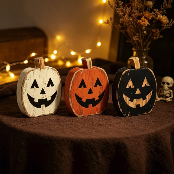 Eolstice Wooden Pumpkin Decor Set of 3, Halloween Tabletop Ornaments, Fall Tiered Tray Centerpiece, Rustic Mantel Shelf Decoration for Home