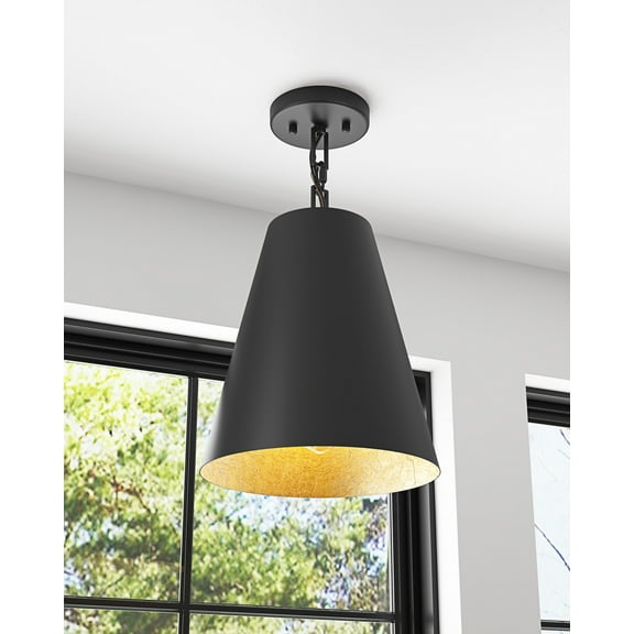 Aiwen Mid Century Semi Flush Mount Ceiling Light Black Cone Metal Shade Farmhouse Ceiling Lighting For Bedroom Kitchen Island Living Room Hallway