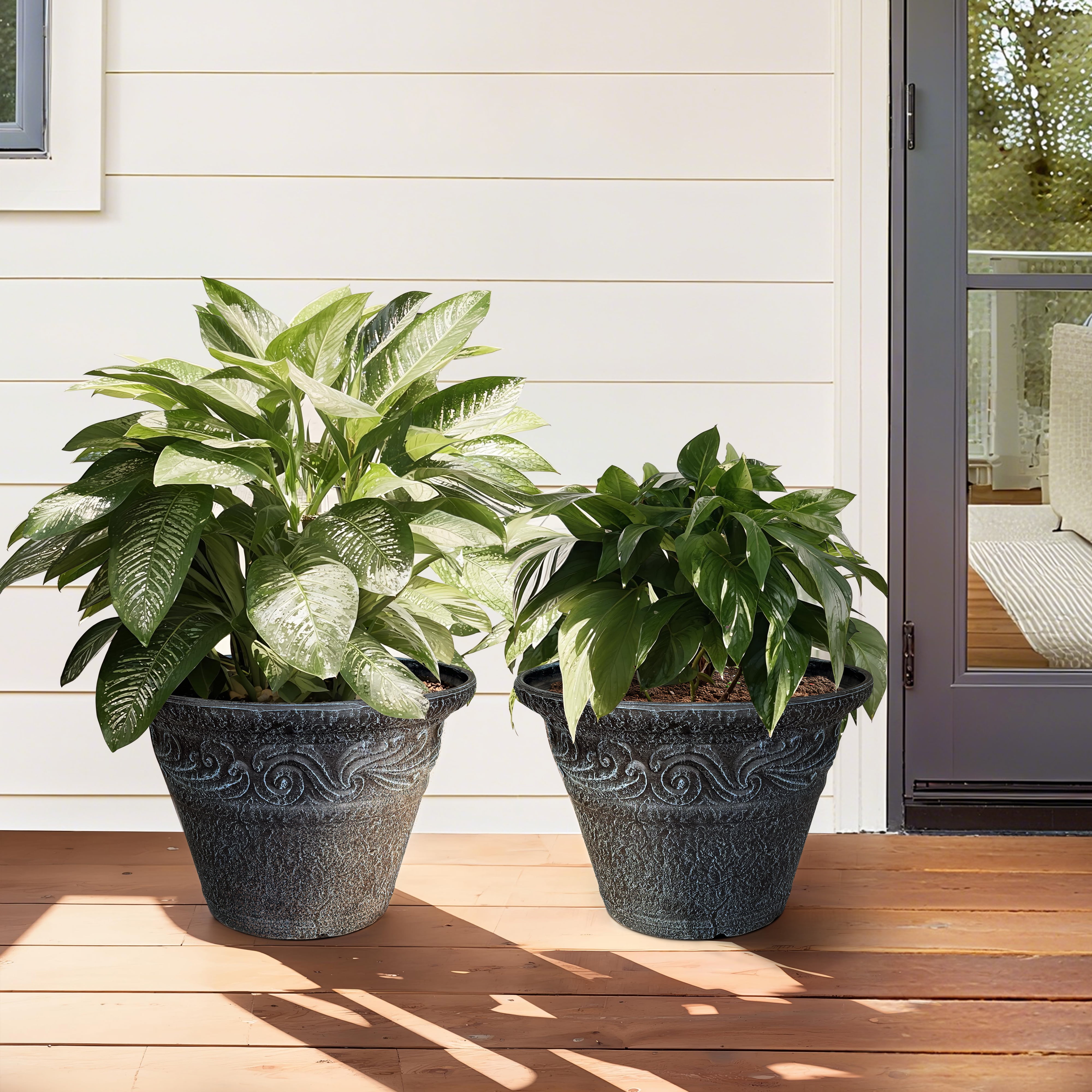 12 in. Dia Two-piece Set Of Classical Relief Flower Pots for Indoor/Outdoor Plants (Set of 2) in Dark Blue