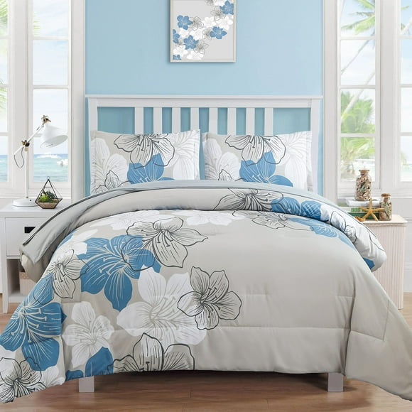 Juego de edredón Luxudecor Floral, tamaño queen, azul, 7 piezas