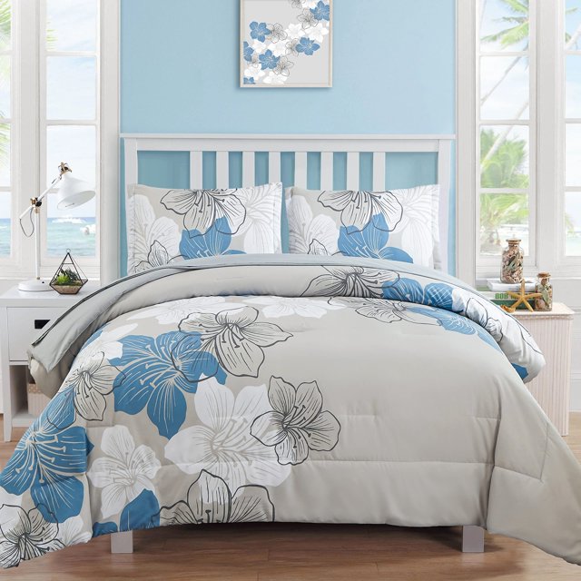 Juego de edredón Luxudecor Floral, tamaño queen, azul, 7 piezas