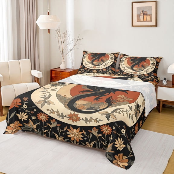 Feelyou Moon Floral Black Dragon Full Size Sheets for Men Women Kids, Vintage Boho Wildlife Bed Sheets, Black Orange, 4-Piece