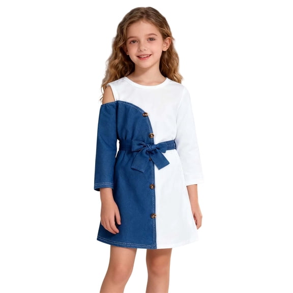 Vividxx Girls Dresses Fall Winter Long Sleeve Crewneck Dress with Belt Color Block Party Casual Outfits for Toddlers and Kids 7-8 Years