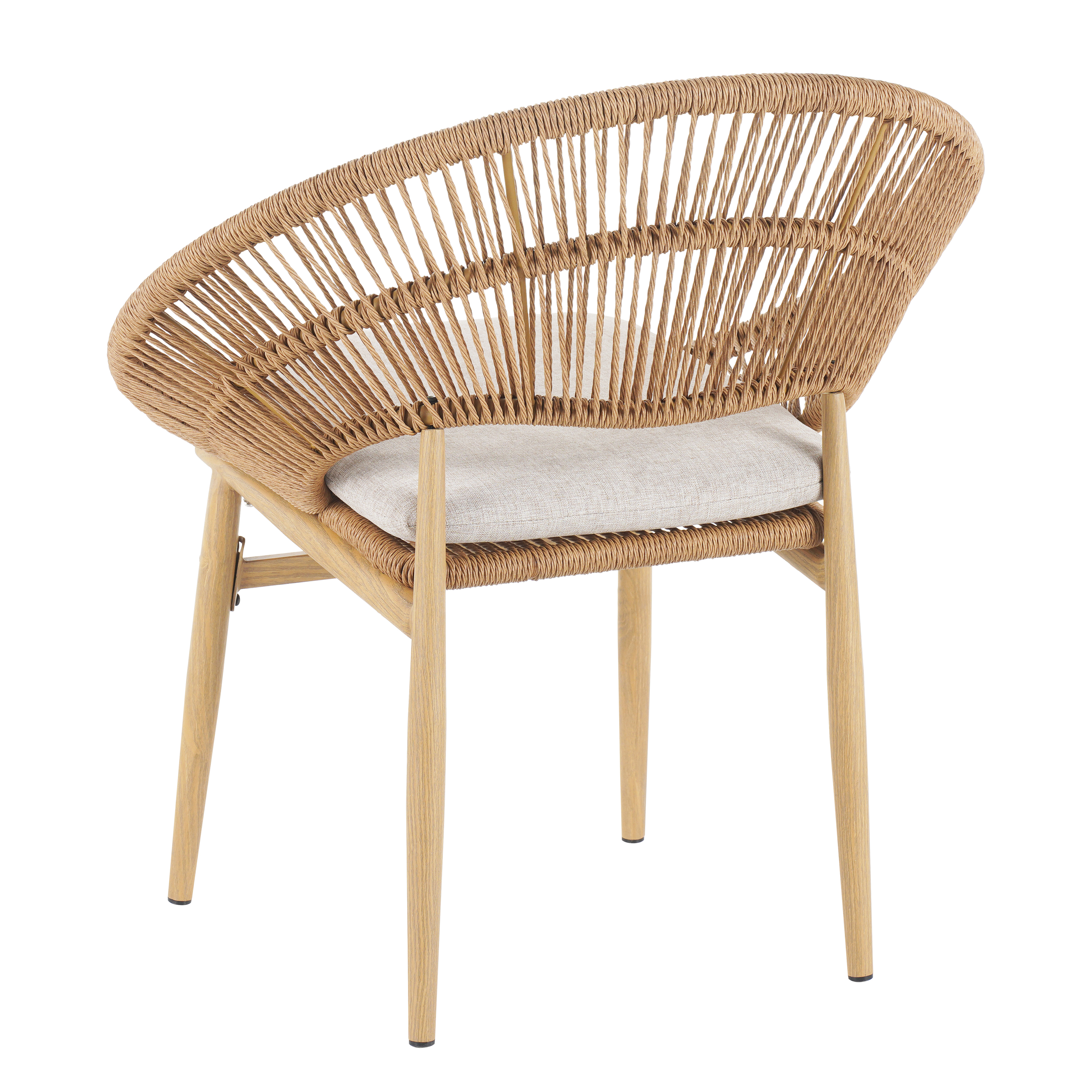 Dining Chairs, Set of 2 Outdoor Papasan Style Dining Chairs PE Wicker With Teak Finish Iron Legs And Beige Cushion, For Patio Dining, Light Brown Beige