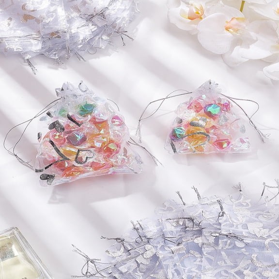 20Pc 2 Style Heart Printed Organza Bags Jewelry Gift Mesh Pouches for Wedding Party Christmas Candy Bags Rectangle White 9~12x7~10cm