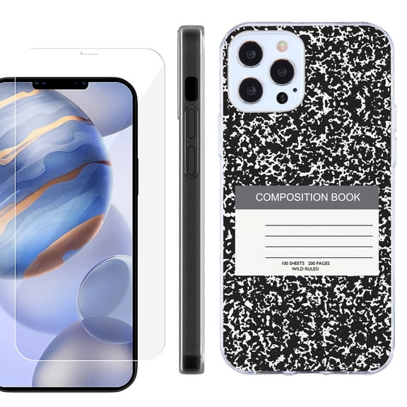 Slim Fit Protective Phone Case for Apple iPhone 12 / iPhone 12 Pro, with Tempered Glass Screen Protector, by OneToughShield ® - Composition Book