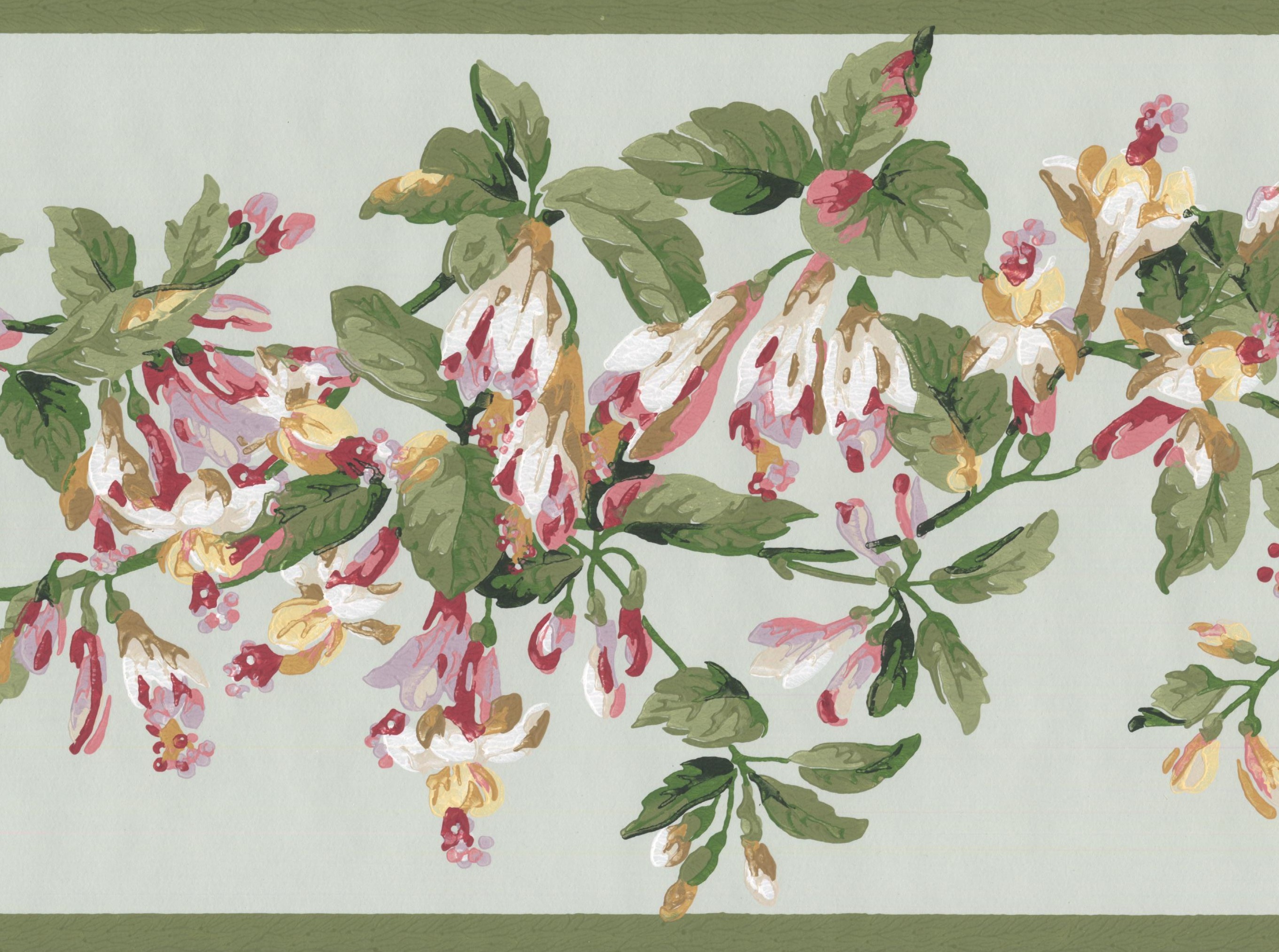 Wallpaper Border White Red Flowers on Vine Sage Green Floral Wall