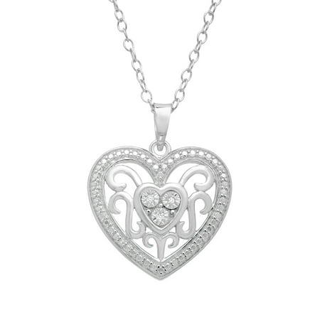 Filigree Heart Pendant Necklace with Diamonds in Sterling Silver