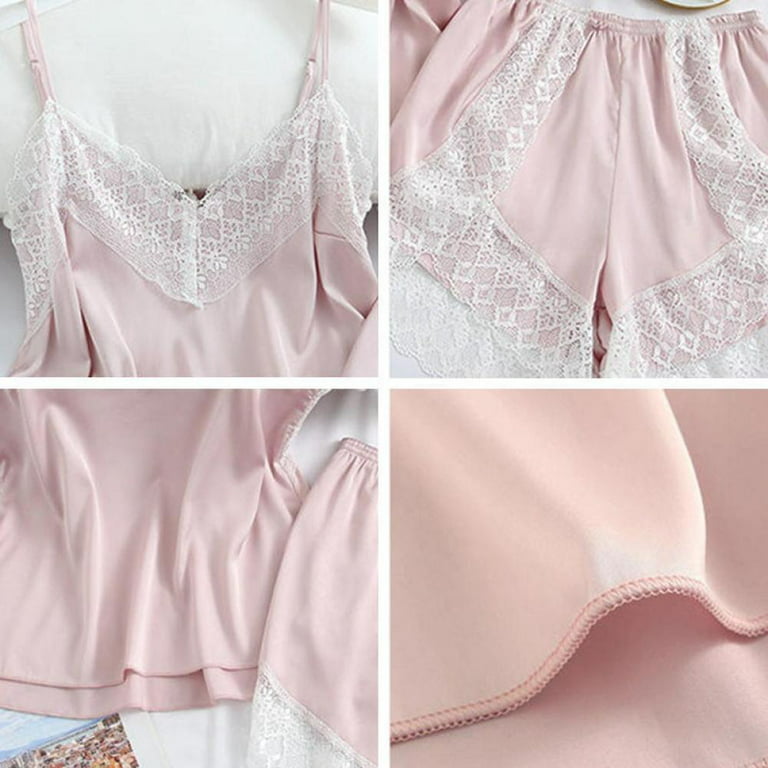 Women's Silk Satin Pajamas Sets Lace Trim Cami Tops Shorts Sleepwear 