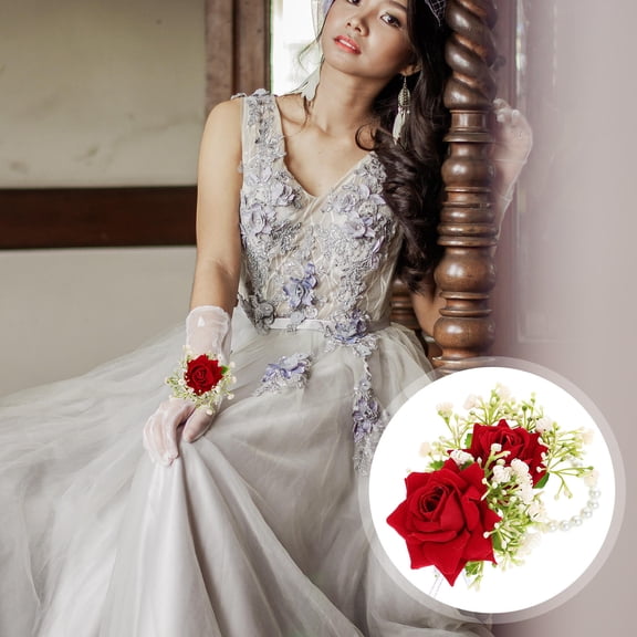 FUEENIRVA 1Set Bridal Wrist Corsage Bracelet with Red Artificial Flower Decoration