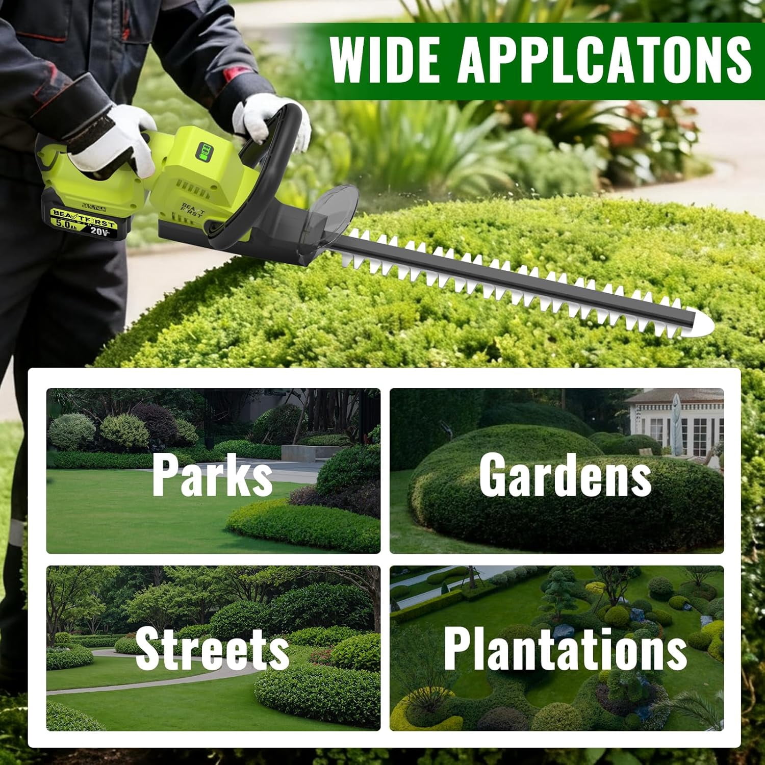 BEATUFIRST 20V Cordless Hedge Trimmer with 2x5.0Ah Batteries, 20-Inch Electric Grass Cutter for Shrub and Lawn