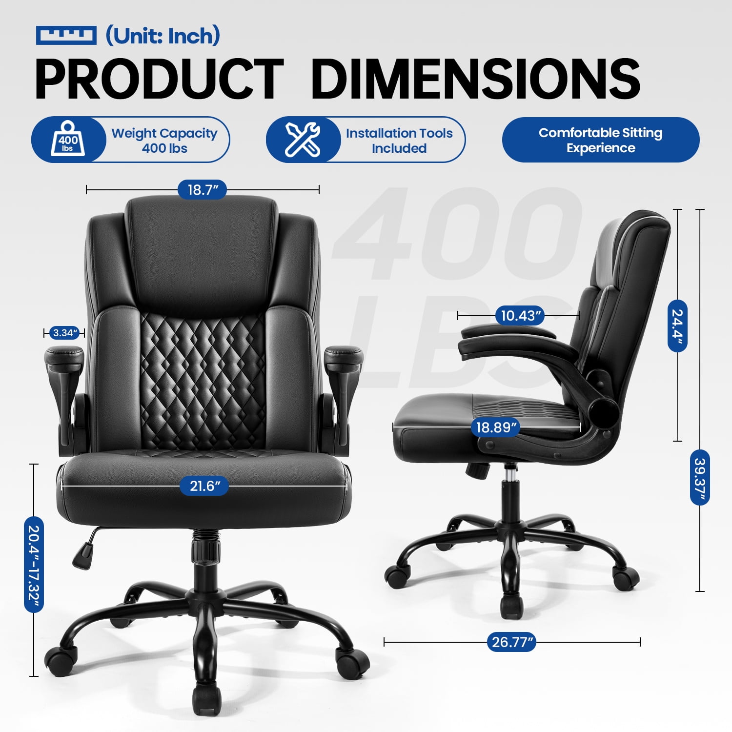 Waleaf Leather Office Chair,Wide Seat Small Computer Desk Chair Ergonomic Mid-Back Executive Chair with Back Support for Short People,Black