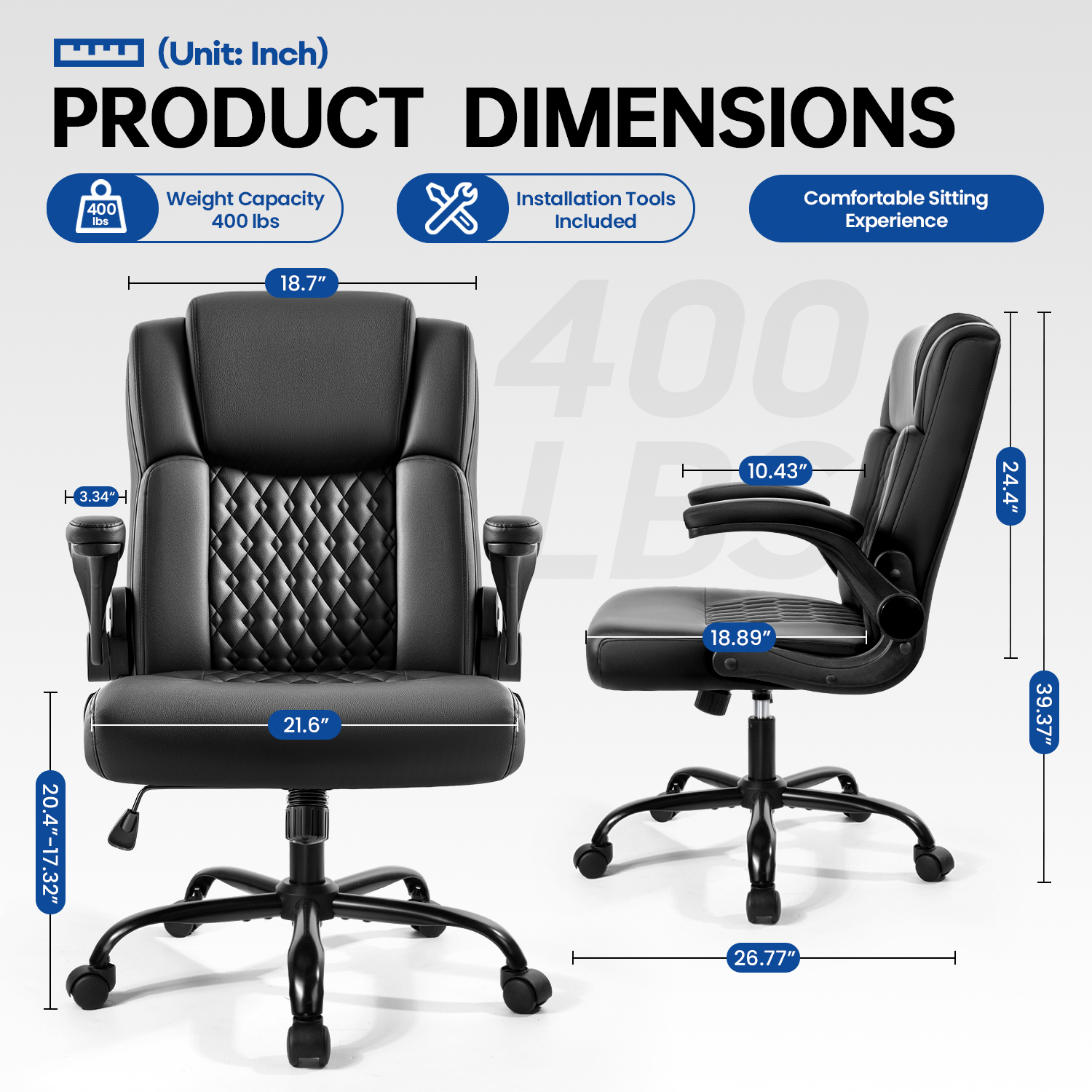 Waleaf Ergonomic Office Chair, Black Leather, Wide Seat, Mid-Back photo 7