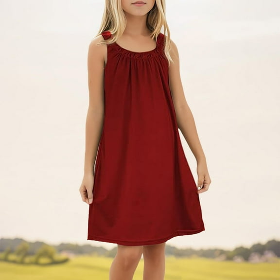 Kid Girl Dress Sleeveless Tiered Swing A-Line Casual Brick Red Dresses For Girls Birthday Girl Dress Party Dresses For Girls