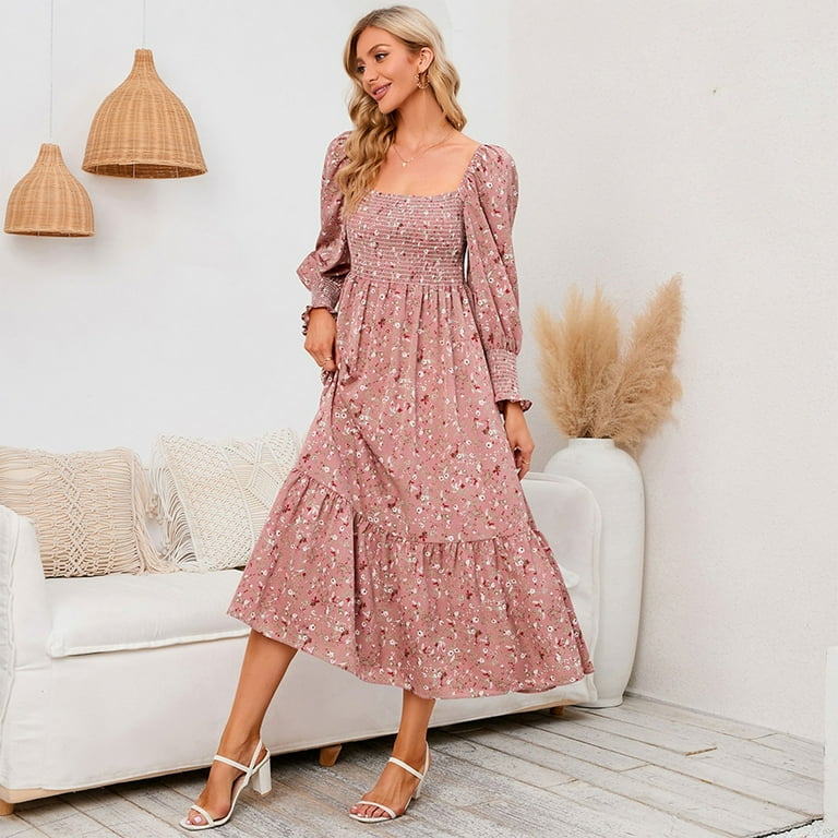 Floral print flared sleeve pleated cheap chiffon dress