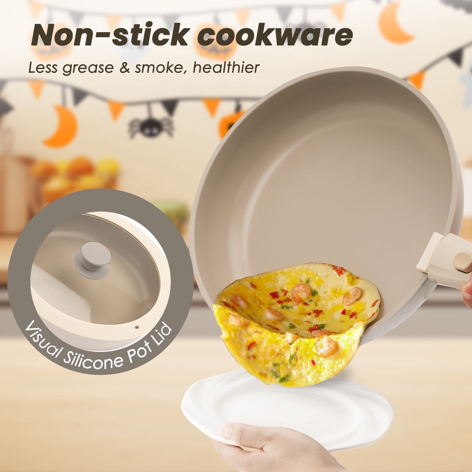 Kikcoin 19 Pcs Non-Stick Pots and Pans Set, Non-Toxic Coating Cookware Set with Removable Handles, Induction/Oven Safe to Use(Beige)