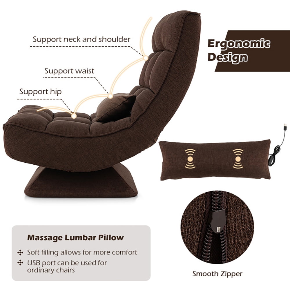 Finihen Swivel Floor Chair, 5-Level Adjustable 360Â° Swivel Floor Chair with Massage Pillow, Recliner Chair for Relaxing Reading Gaming TV Watching, Brown