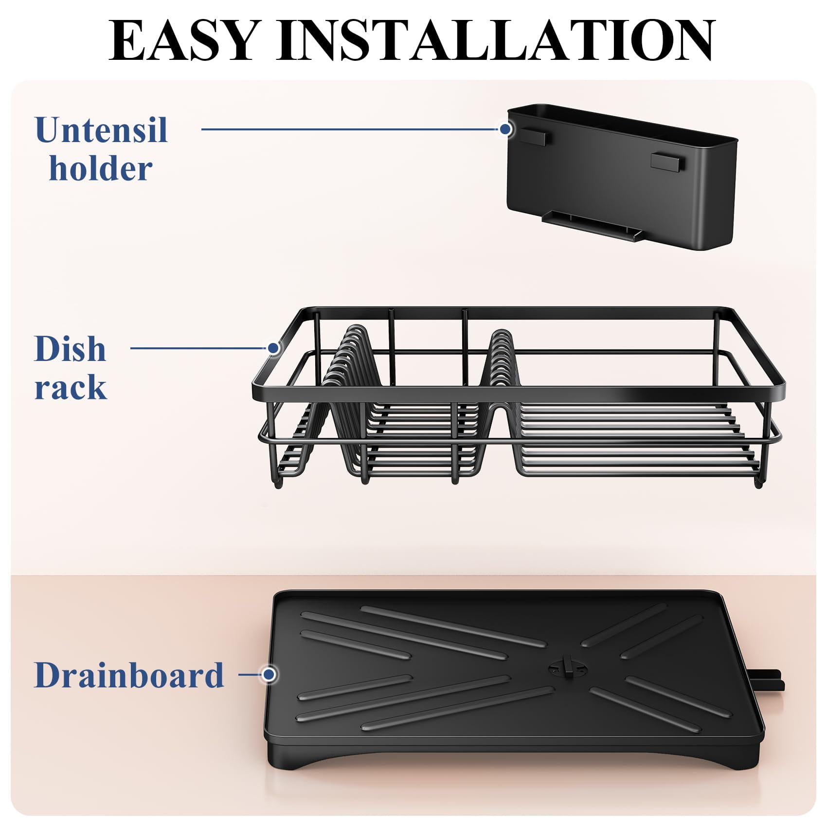 Dish Drying Rack for Kitchen Counter - Large Dish Rack with Drainboard, Rustproof Dish Drainer with Utensil Holder for Sink, Black