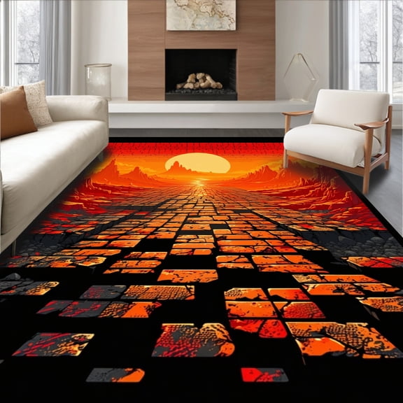 ODIKA 4'x6' Machine Washable Non-Slip Area Rug, Energetic Tiled Artistry High Traffic Rug, Red, 32549