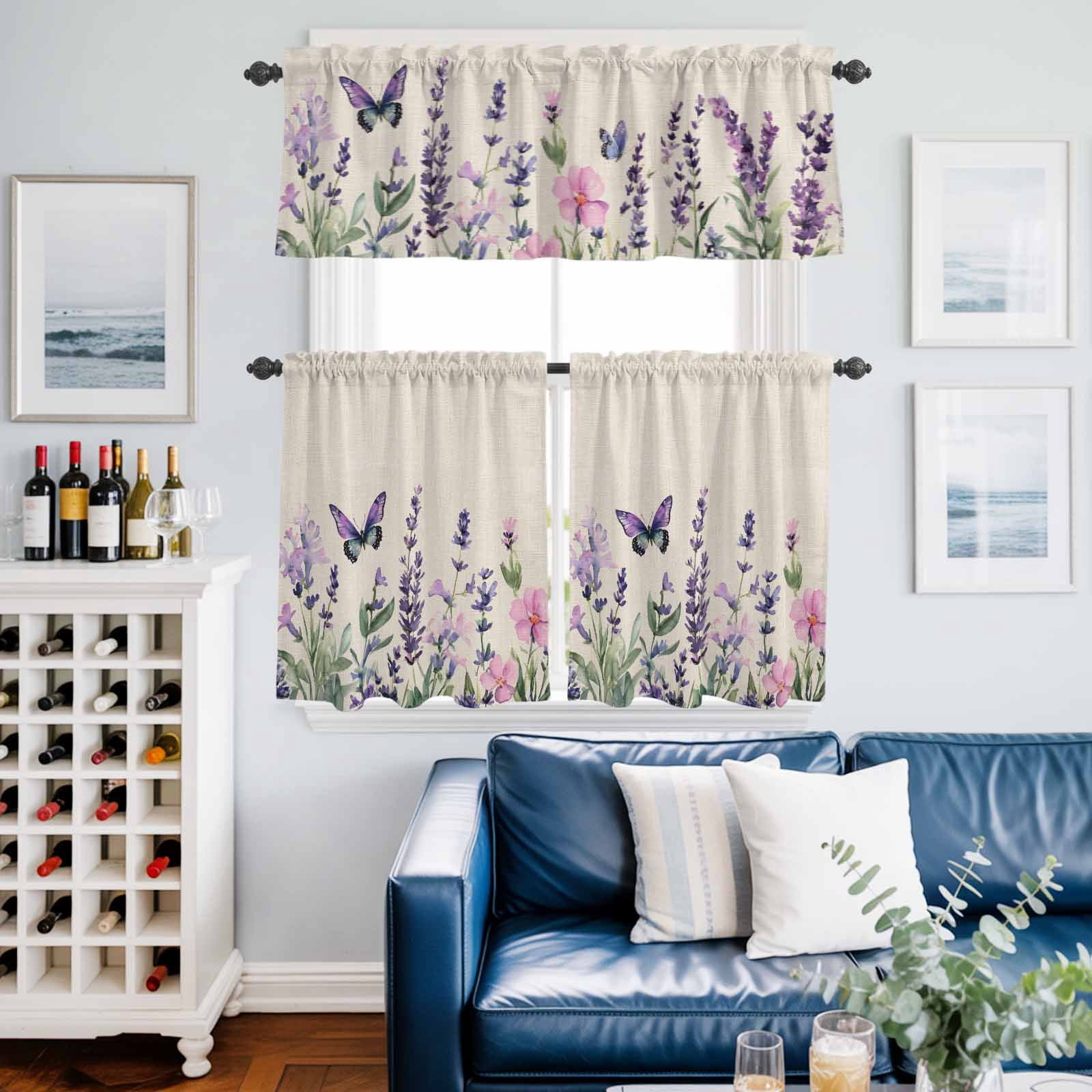 Purple Lavender Butterfly Kitchen Curtains Valances 3 Piece Set, Spring Purple Floral Flower Linen Texture Rod Pocket Tier Curtain and Valance Drapes for Small Window 24 Inch Length for Bedroom Cafe