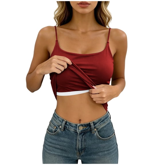 Gamivast Women's Satin Camisoles with Built-In Bra V Neck Sleeveless Tank Tops with Built-In Bra Casual Summer Silky Cami Shirts Lightweight Basic Layering Undershirts Apparel Red Free Size