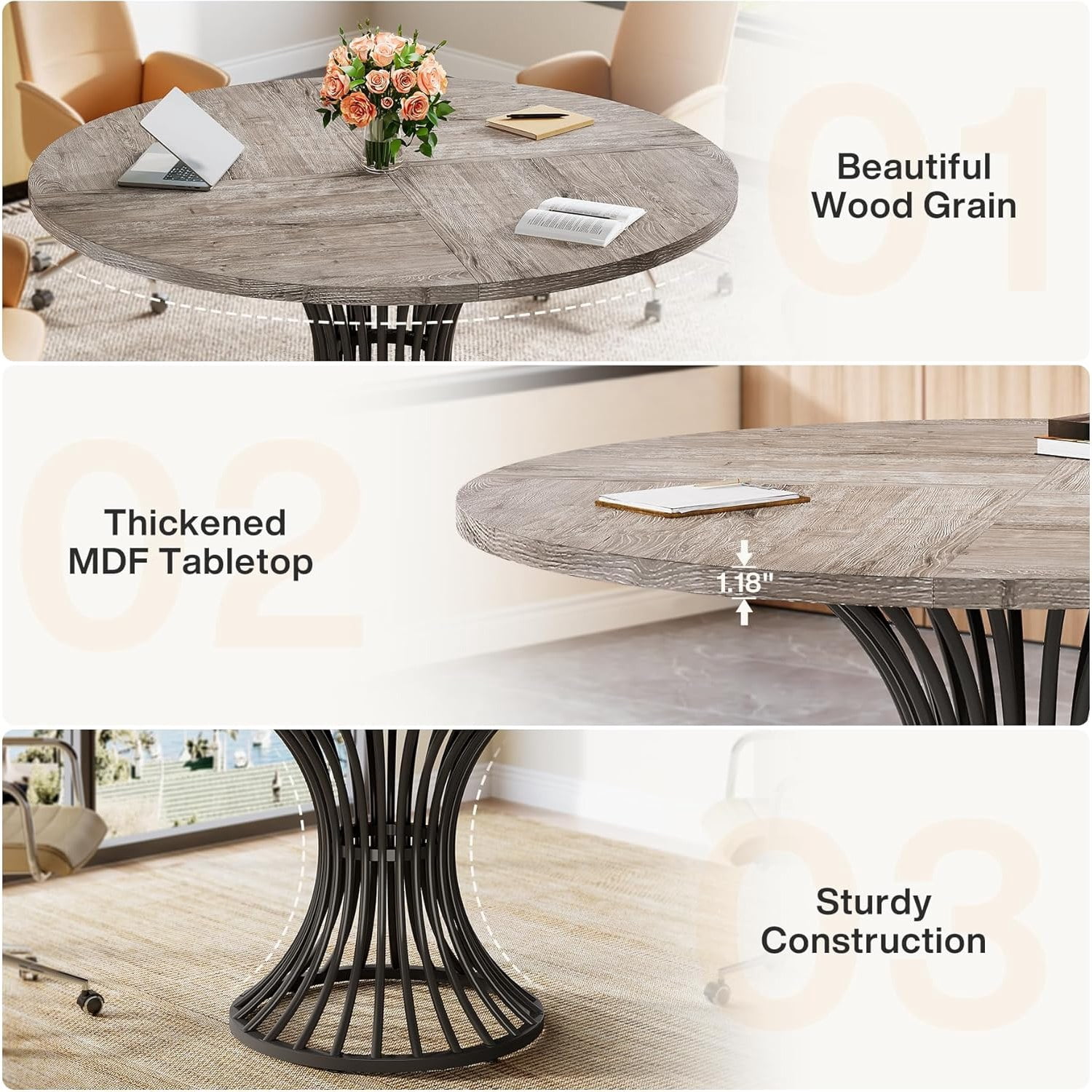 Dining Table, Round Conference Table for 4-6 People, Industrial Style with Metal Base, 46.85 in L x 46.85 in W x 29.92 in H