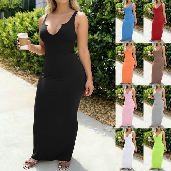 Feancey Bodycon Dresses for Women Deep V Neck Sleeveless House Dress Comfort Slim Fit Maxi Dresses Elegant Party Club Dress Khaki S