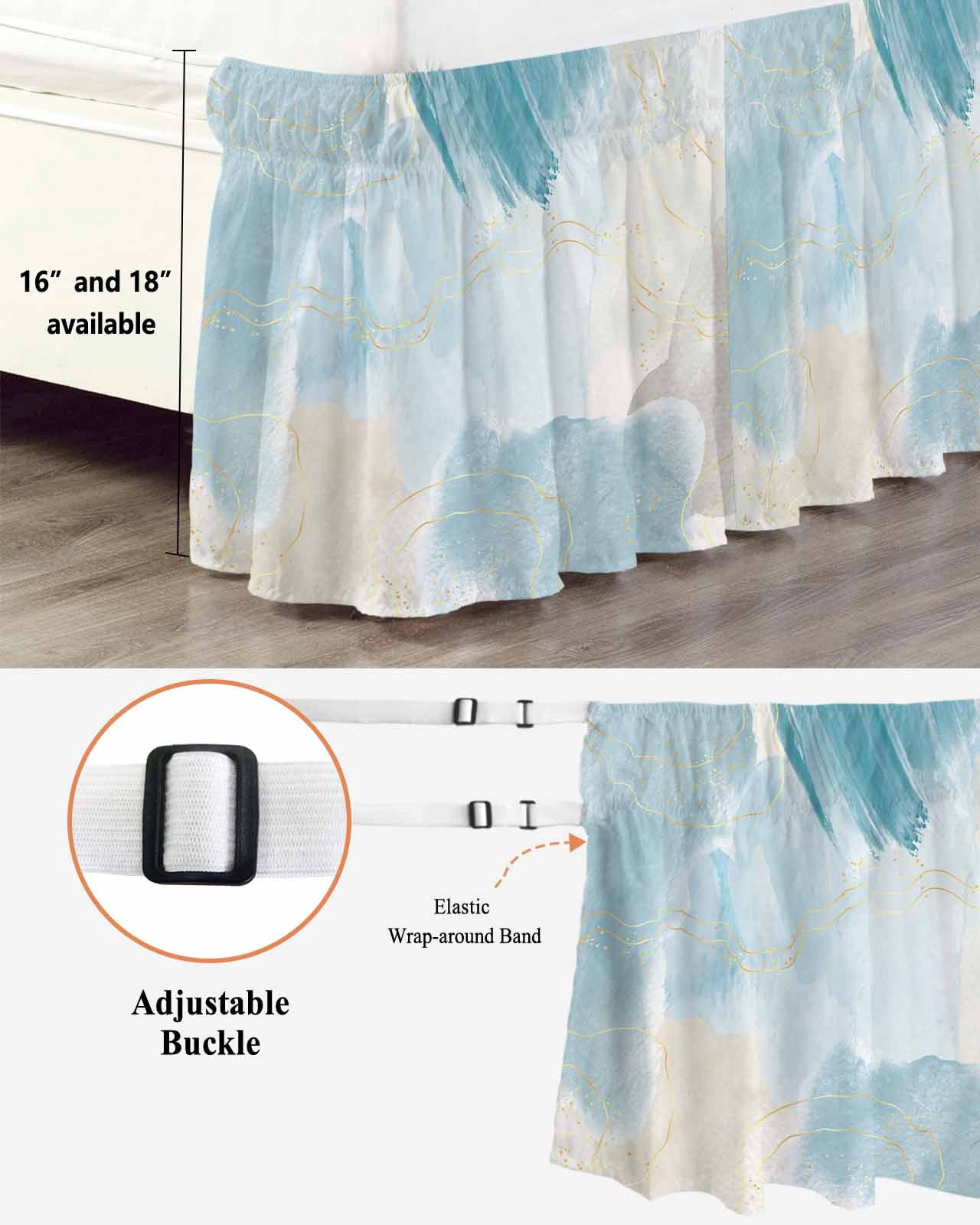 Teal Ombre Marble Wrap Around Bed Skirts for King Bed 16" Drop,Bed Skirt with Adjustable Elastic Belt Dust Ruffle Bed Valance for Bedroom Hotel Yellow Modern Geometric Abstract Art Bed Frame Cover