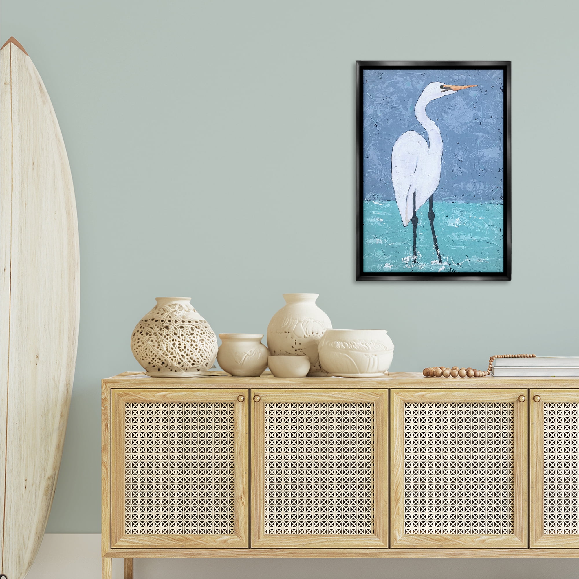 Stupell Industries Sea Heron Standing Animals & Insects Painting Black Floater Framed Canvas Art Print Wall Art, 21 x 31