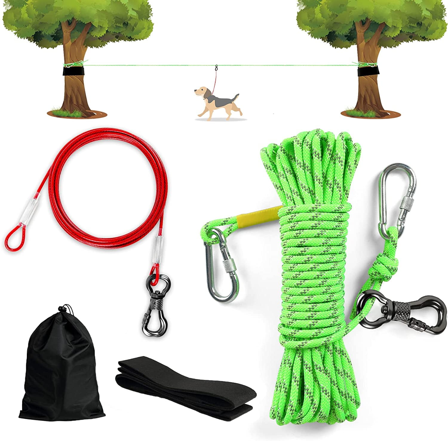 Aystkniet Dog Tie Out Cable for Camping, 50ft Reflective Aerial Dog Run  with 10FT Runner Lead, Dog Lead for Yard, Camping, Parks, Outdoor Events  for Large Medium Small Dogs up to 200lbs 