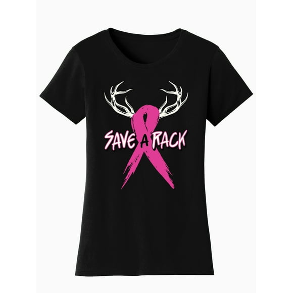 Womens Breast Cancer Awareness "Save a Rack" Black T-Shirt - X-Large