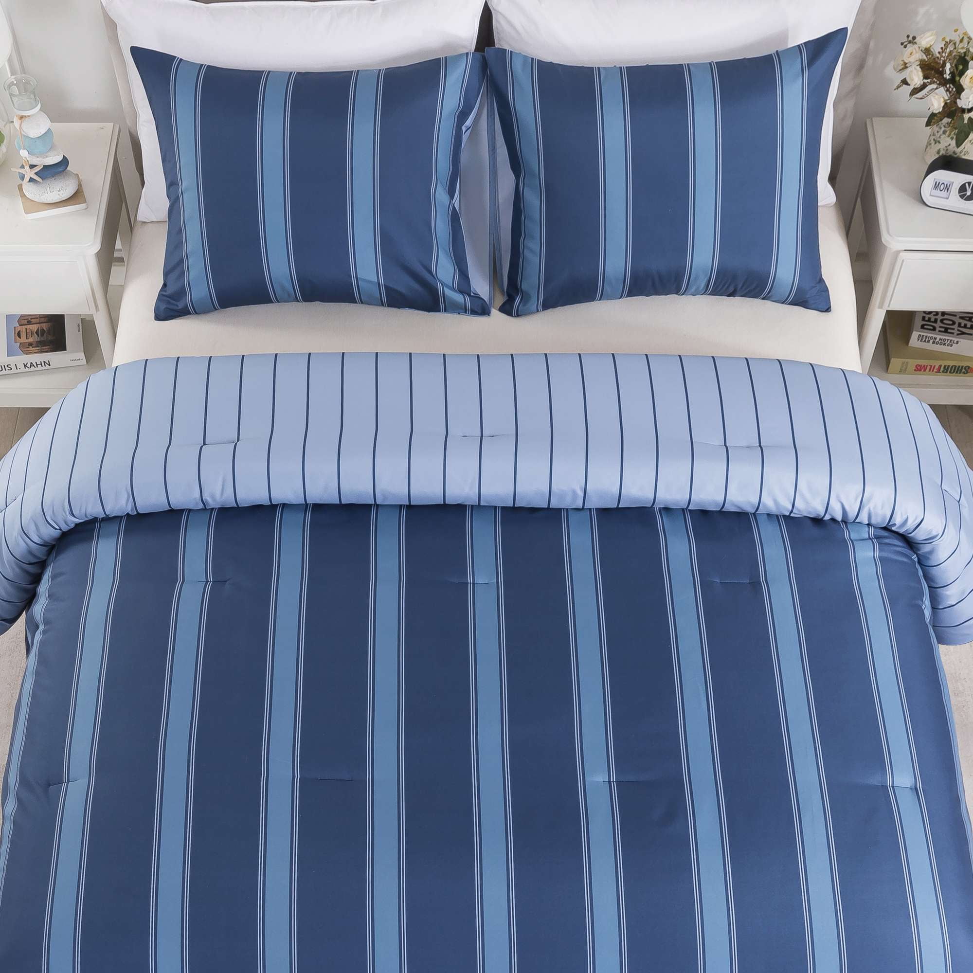 Mainstays King Comforter Set, 3-Piece, All-Season, Navy Blue Stripe