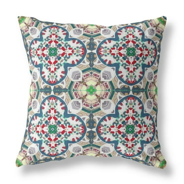 Amrita Sen Clover Leaf Floral Suede Zippered Pillow with Insert Green Red White