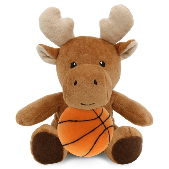 DolliBu Moose Stuffed Animal with Basketball Plush - Soft Huggable Moose, Adorable Playtime Plush Toy, Cute Wildlife Gift, Personalized Plush Doll Animal Toy for Kids and Adults - 6 Inches