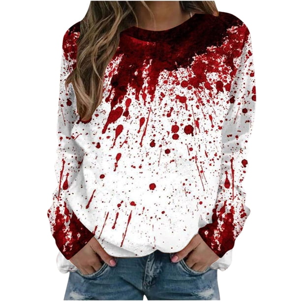 Sudadera informal con cuello redondo y mangas largas con estampado de Halloween para mujer, sudadera sin capucha con estampado de sangre personalizado Pompotops FGAJ18955