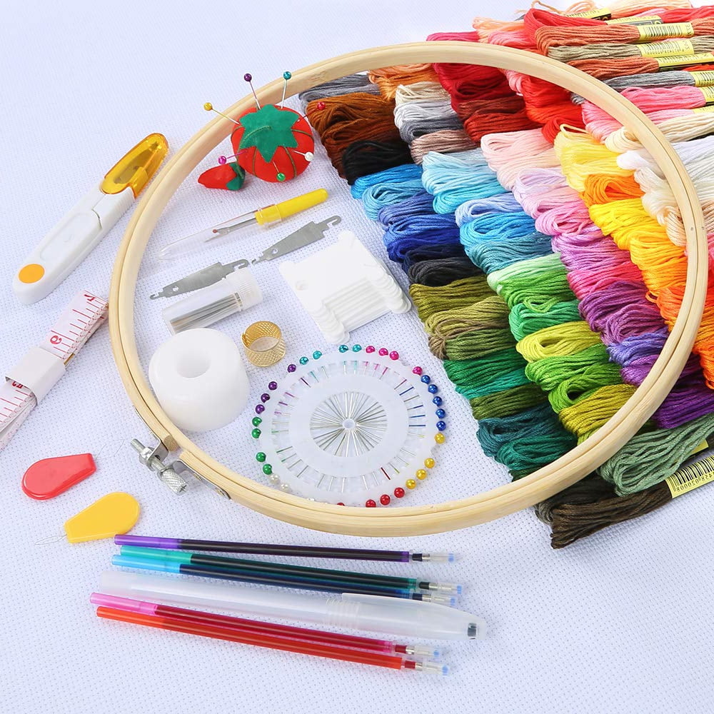 3 Pieces Aida Cloth 3 Pieces Bamboo Embroidery Hoops Cross Stitch Tool Kit Embroidery Starter Kit Including 100 Skeins 50 Color Threads