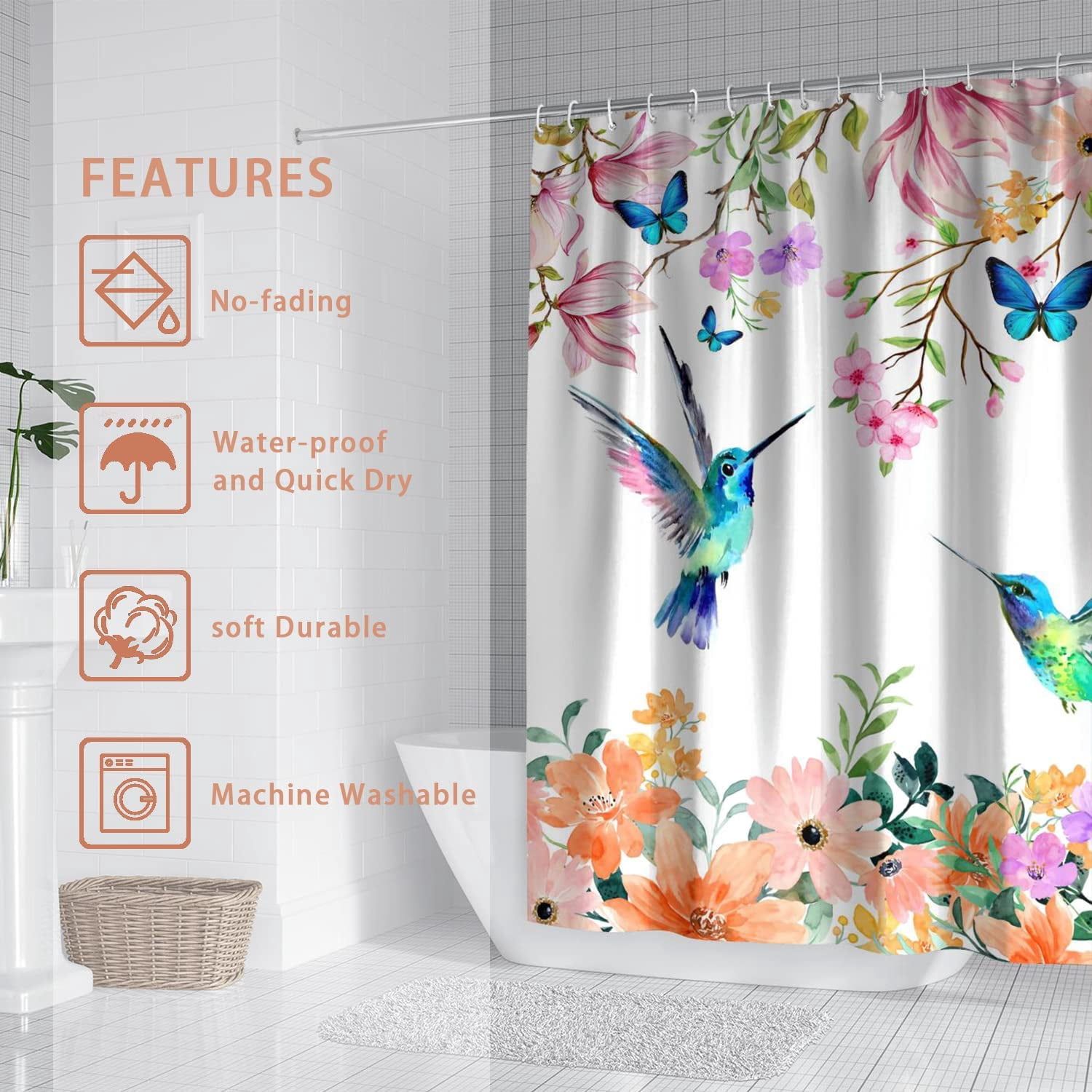 Watercolor Flower Hummingbird Shower Curtain for Bathroom Set Modern Floral Bird Home Bathtub Decor with 12 Hooks Washable Durable Polyester Fabric 72"x72"