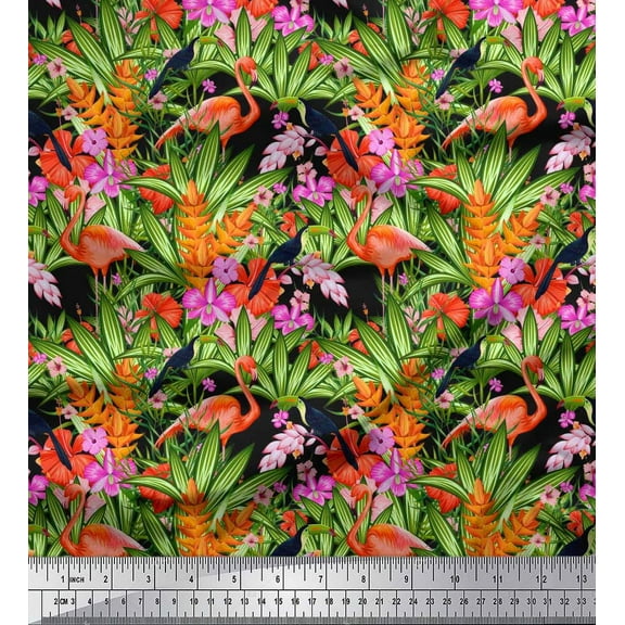Soimoi Cotton Duck Fabric Floral,Toucan & Flamingo Bird Print Fabric by The Yard 42 Inch Wide