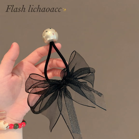 French high-quality black yarn bow headband exquisite pearl point drill temperament hair ring new tie hair rope