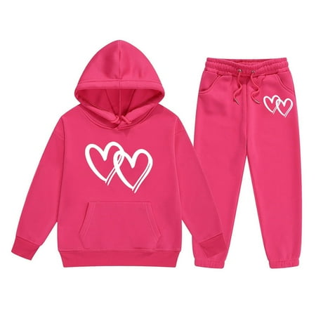 Hiijoy Big Girls Outfit Sets Heart Print Pullover Hoodie and Sweatpants 2PCs Pantsuits