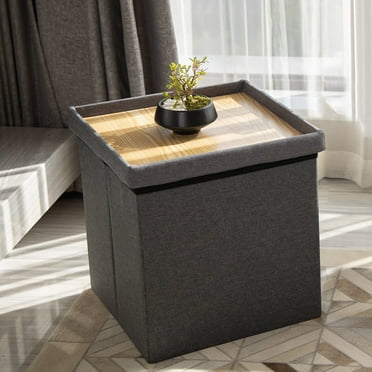PINPLUS 15" Folding Storage Ottoman with Lid Tray,Coffee Table,Foot Rest, Toy Chest for Living Room(Grey)