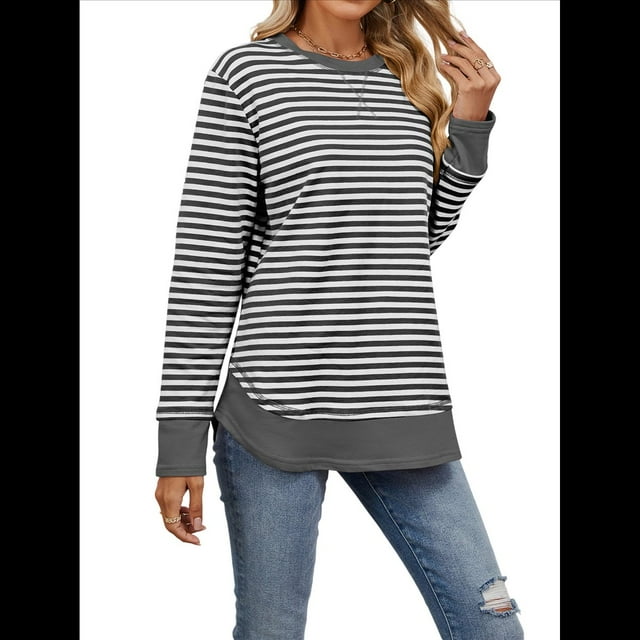Sudadera de Mujer de Larga con Cuello Redondo y Rayas para Otoño. Gris XL